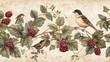 Classic wallpaper design with a dense thicket of blackberries and small songbirds
