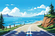 A scenic coastal highway, with winding roads, breathtaking ocean views, and a clear blue sky. Vector Illustration. Road passing by a Sea.