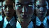 Fototapeta  - closeup portrait of multiple angry businesswomen with glowing eyes sharing secrets staring into the camera