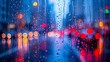 The rainy day view captures solitary city lights through a blurred rain kissed window