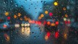 Raindrops blur city lights, moody weather captures essence of rainy urban night
