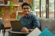Portrait of a young Indian teacher sitting at home on the sofa at the table with a laptop and holding a notebook with the inscription lesson. Looking and smiling at the, Generative AI
