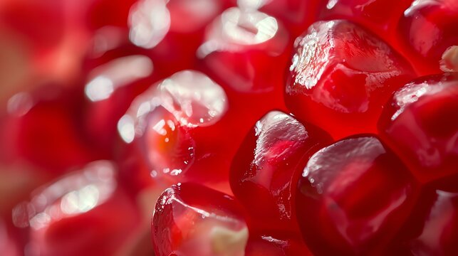 Close-up image of juicy red pomegranate seeds. The image is taken with a macro lens, which allows the viewer to see the details of the seeds.