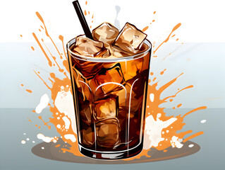 Wall Mural - Illustration of black iced coffee in a glass on background 