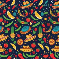 Wall Mural - Mexican Food Pattern on Blue Background