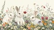 Family of rabbits playing in a field of wildflowers white fur contrasting with vibrant colors Innocent and playful vintage illustration detailed flowers and rabbits