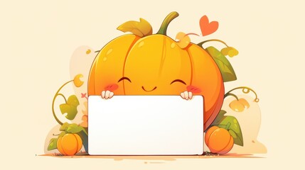 Wall Mural - Capturing a flirty smiling face emotion with a kiss gesture while holding a whiteboard with a playful yellow and orange pumpkin fruit cartoon mascot illustration