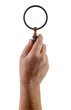 Male Hand Holding a Magnifying Glass Isolated on a Transparent Background. Transparent PNG.