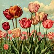 Nostalgic scene of tulips bending in a gentle breeze under a spring sky