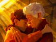 low poly, sunbeams, tender grandmother hugs and comforts 14 year old grandson who is crying sadly, in a warm and loving environment.
