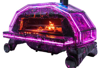 Futuristic Neon Purple Oven with Fire. Sci-Fi Wood-Fired Oven on Transparent Background. Modern Cooking and Innovative Design Concept. Design for Restaurant Decor