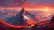 Illustration of mountain top view with sunrise light, featuring fiery red and crimson hues.