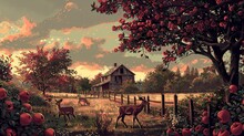Old Fashioned Drawing Of An Apple Orchard In Bloom With A Family Of Deer Visiting