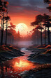 Fantasy landscape with river and forest at sunset. 3D rendering