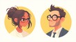 © AkuAku - Two business professionals with glasses and a smiling man depicted as a cartoon avatar in round profile picture icons in a 2d illustration for graphic design