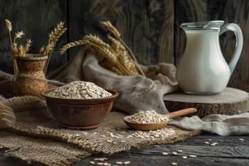 Milk in jug, oat flakes in bowl and in spoon, grain in bag, oaten stalks on dark wooden table.