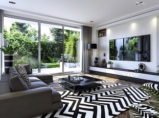 A photo of an elegant modern living room with a black and white chevron pattern sofa