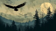 Soaring Eagle With Spread Wings Casting A Shadow Over A Vast Forest Grandiose Vintage Illustration Expansive Landscape Focus On Eagles Freedom