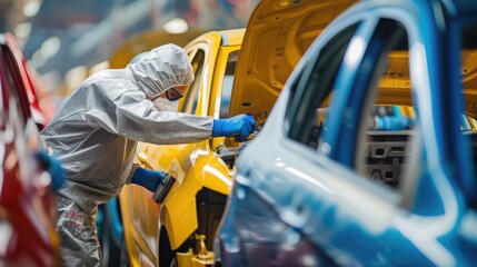 Aufkleber - a man is working on a car in a factory, focusing on tires, wheels, automotive lighting, and design. 