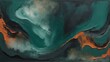 Moody abstract painted background in deep forest green, charcoal, and burnt sienna.
