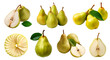 Pear pears fruit, many angles and view side top front group sliced halved cut isolated on transparent background cutout, PNG file. Mockup template for artwork graphic design