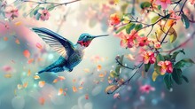 Vibrantly Colored Hummingbird Hovering Near A Flowering Vine Blurred Wings Delicate Vintage Illustration Focus On Bird And Flowers