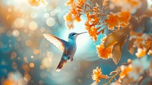 Vibrantly Colored Hummingbird Hovering Near A Flowering Vine Blurred Wings Delicate Vintage Illustration Focus On Bird And Flowers
