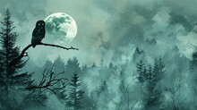 Vintage Wallpaper Design Featuring An Owl Perched On A Gnarled Branch In A Moonlit Forest