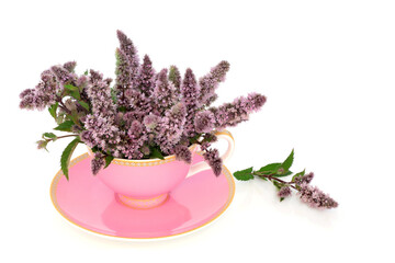 Sticker - Peppermint flower leaf tea in pink teacup on white background with copy space. Relieves anxiety and stress,  indigestion, IBS and helps insomnia. Surreal fun composition.