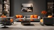 Elegant gray lounge furniture paired with bold orange accents in a close-up view that emphasizes modern design sensibilities