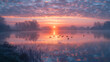 A serene lake veiled in morning mist, bathed in the soft glow of dawn, accompanied by drifting ducks, evoking tranquility and the beauty of dawn's embrace