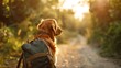  The back of a golden retriever walking with a backpack cute illustration