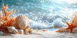Seashells and coral on sandy beach with waves. Close-up with selective focus. Summer vacation and marine life concept for banner, postcard, or wallpaper design