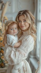 Young blonde woman holding a blue-eyed baby dressed in white