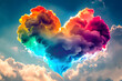 A digitally manipulated image of a heart-shaped cloud with rainbow colors, suitable for themes of love, diversity, and celebration.