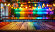 Vibrant indoor bar scene with rainbow flag and bokeh lights, ideal for LGBT pride event design and marketing.
