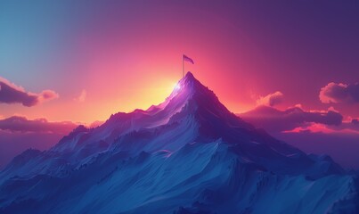 Wall Mural - A mountain with a flag on top and a sunset in the background