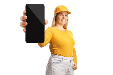 Poster - Young female holding a smartphone with a blank screen