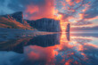 The ruins of the ancient city on Lake Baikal, which have been buried in ice and snow for thousands of years, appear at sunset, reflecting colorful clouds. Created with Ai