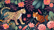Lively depiction of a leopard and a bobcat surrounded by vibrant jungle foliage