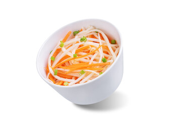 Wall Mural - Daikon radish carrot noodles salad on a white isolated background