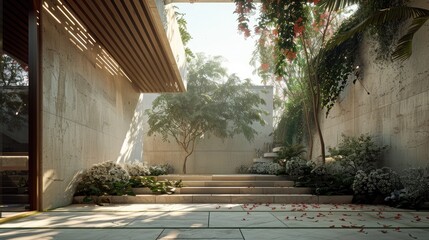 a house, blending traditional architecture with modern accents, set against a backdrop of neutral colors with a touch of red, in a suburban area on a sunny day.