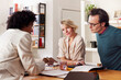 © ALTO IMAGES/Stocksy - Insurance advisor discusses paper policies with couple at home