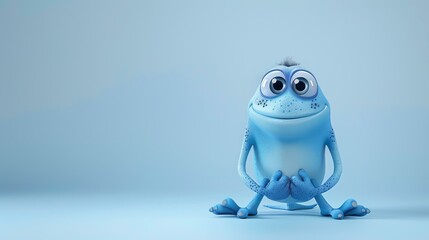 Canvas Print - Cute blue creature sitting on a blue background, looking at the camera with a shy smile on its face.