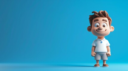 Canvas Print - Cheerful 3D cartoon boy character in white shirt and blue pants standing on blue background.