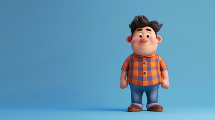 Wall Mural - This is a 3D rendering of a cartoon character. He is a young boy with brown hair and blue eyes. He is wearing a plaid shirt and jeans.