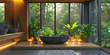 3d rendering of black bathroom with large windows overlooking rainforest, wooden elements, cozy lighting and black bathtub. Created with Ai