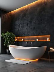 Wall Mural - Modern bathroom interior with black tile walls, concrete floor and white bathtub