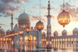 Elegant mosque with hanging lanterns at sunset, symbolizing Ramadan in the style of the Middle East. Created with Ai