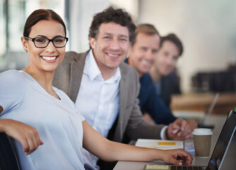 Leinwandbilder - Happy woman, laptop and glasses in meeting with business parters at office desk for strategy planning. Female person, portrait and collaboration in workshop for career, brainstorming and seminar.